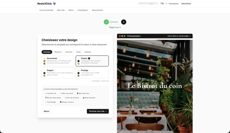 Choix du template lors de la création du site — Resto1Click